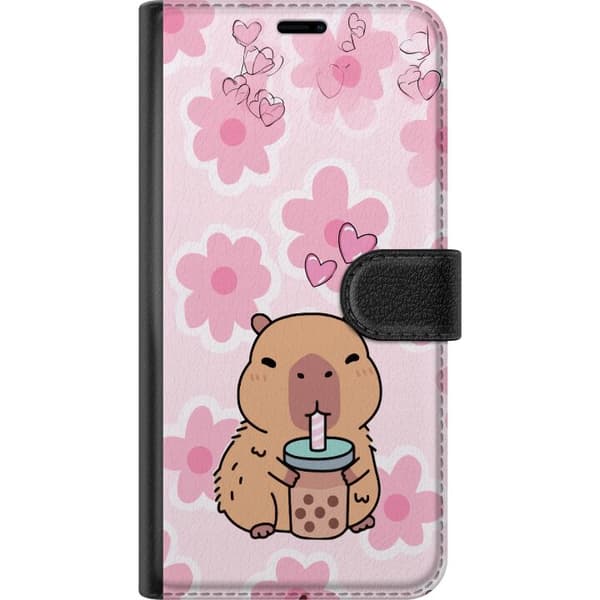 Kompatibel Tegnebogsetui til Apple iPhone 12 Pro Max Illustreret kapybara, der holder bubble tea blandt lyserøde hjerter og blomster på en blød paste