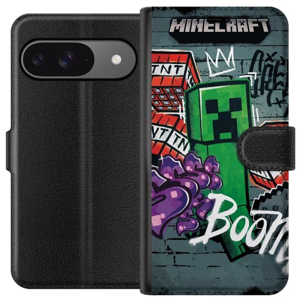 Kompatibelt Plånboksfodral till Google Pixel 9 Pro Grönt spelmotiv med blockfigur, dynamit och grafiska graffitidetaljer