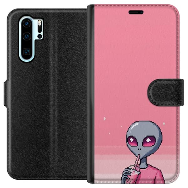 Kompatibel Tegnebogsetui til Huawei P30 Pro Pixelalien med rosa dryck