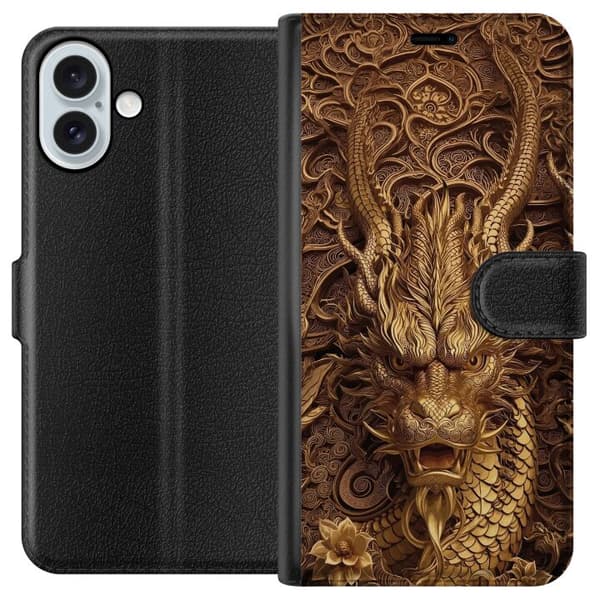 Kompatibelt Plånboksfodral till Apple iPhone 16 Plus Elegant drakmotiv i guld