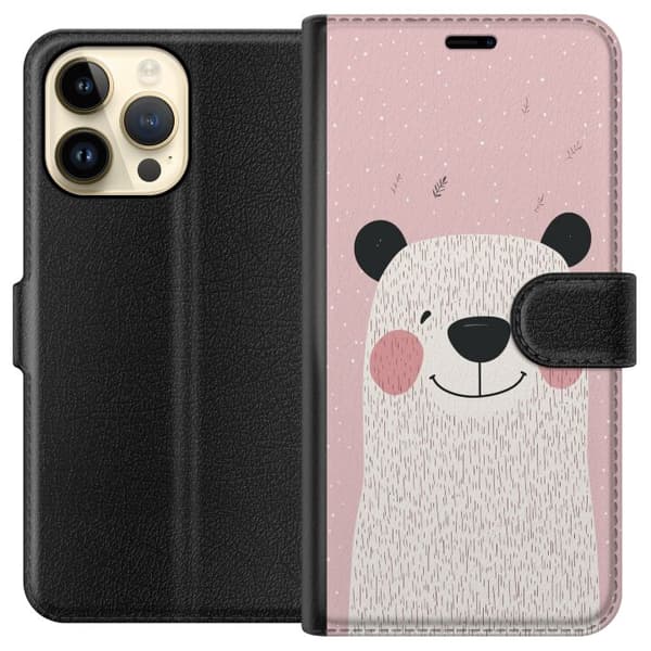 Kompatibel Tegnebogsetui til Apple iPhone 15 Pro Max Minimalistisk pandaillustration med lyserøde kinder, sorte ører og lyserød baggrund