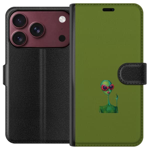 Kompatibel Tegnebogsetui til Apple iPhone 18 Pro Max Minimalistisk grøn alien med røde solbriller og lyserøde læber mod olivengrøn