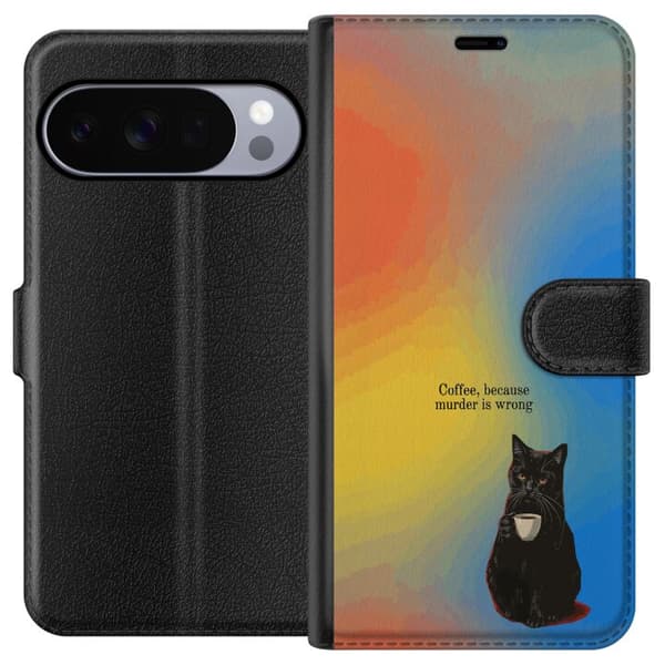 Kompatibel Tegnebogsetui til Google Pixel 11 Pro Humoristisk motiv med sort kat, kaffe og teksten Coffee Because Murder Is Wrong