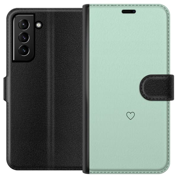 Kompatibel Tegnebogsetui til Samsung Galaxy S21+ 5G Enkel sort hjertekontur centreret mod mintgrøn baggrund