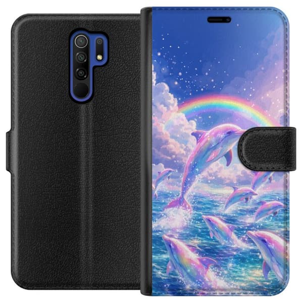 Kompatibel Tegnebogsetui til Xiaomi Redmi 9 Glittrande regnbågsdelfiner