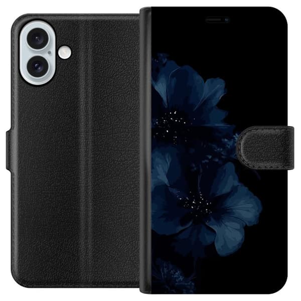 Kompatibel Tegnebogsetui til Apple iPhone 16 Plus Mörkblå blommor