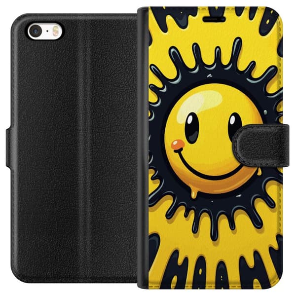 Kompatibel Tegnebogsetui til Apple iPhone 5s Glad gul smiley med sort splat og moderne pop kunst design