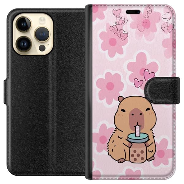Kompatibel Tegnebogsetui til Apple iPhone 15 Pro Max Illustreret kapybara, der holder bubble tea blandt lyserøde hjerter og blomster på en blød paste