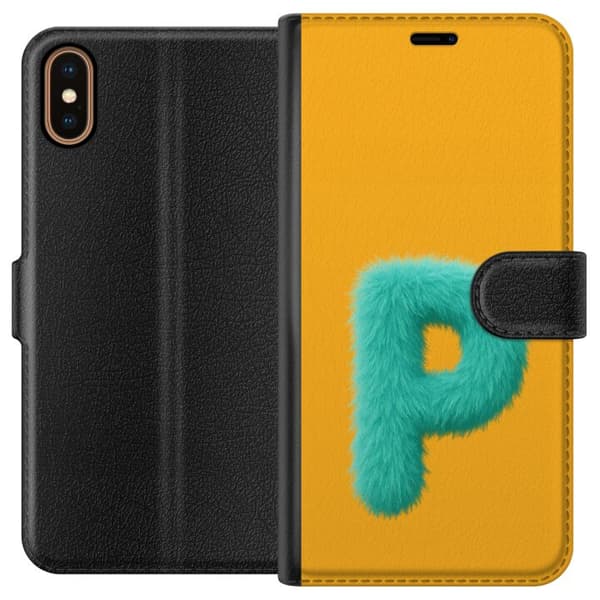 Kompatibel Tegnebogsetui til Apple iPhone X Turkis bogstav P med en blød dekorativ pelsstruktur