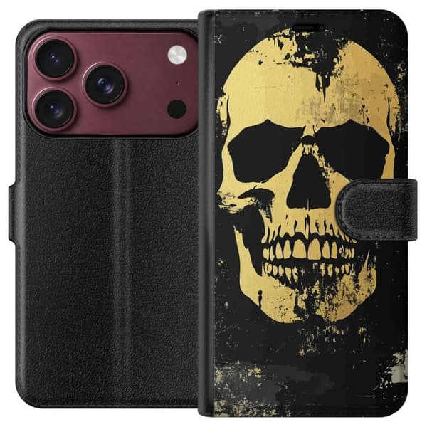 Kompatibel Tegnebogsetui til Apple iPhone 18 Pro Max Gul dødningehoved med rå grungeeffekt og slidte detaljer mod sort baggrund