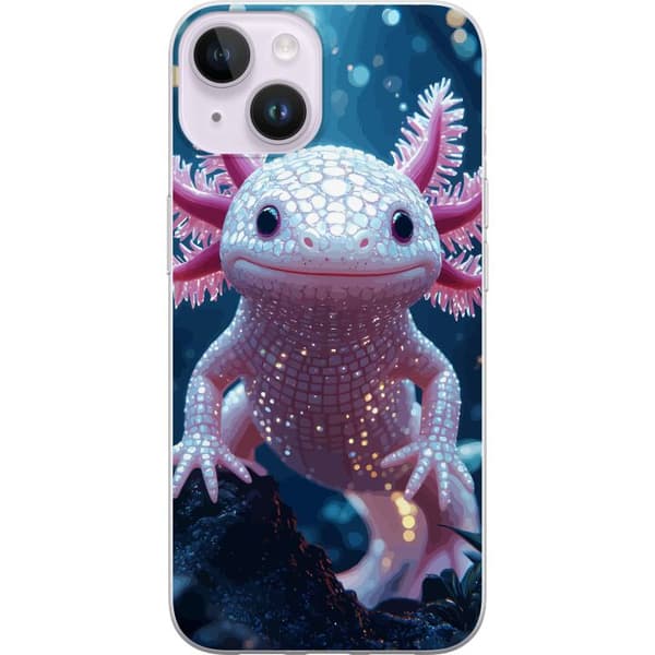 Kompatibelt Mobildeksel til Apple iPhone 15 Plus Nærbilde av hvit axolotl med rosa detaljer i akvariemiljø