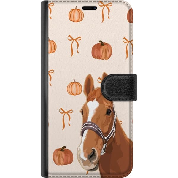 Kompatibel Tegnebogsetui til Apple iPhone 16 Pro Max Brun hest med græskar og orange rosetter på lys baggrund