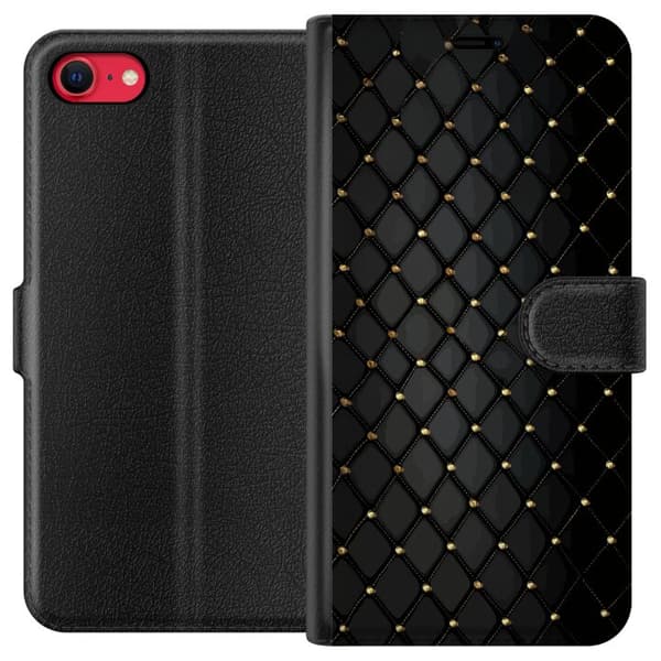 Kompatibel Tegnebogsetui til Apple iPhone 7 Elegant sort diamantmønster med guldfarvede linjer og detaljer