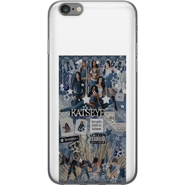 Kompatibelt Mobildeksel til Apple iPhone 6 KATSEYE i blått collage med gruppeportrett, stjerner, typografi og dekorative grafiske elementer
