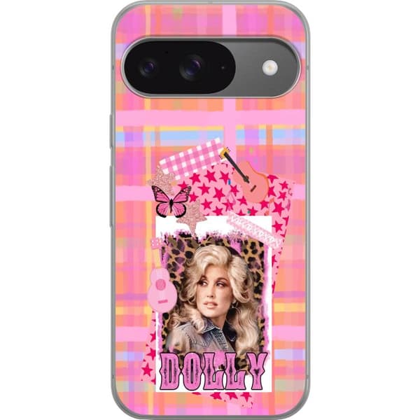 Kompatibelt Mobildeksel til Google Pixel 9 Pro Dolly Parton-portrett i rosa collage med gitarer, sommerfugl, stjerner og leopardmønster