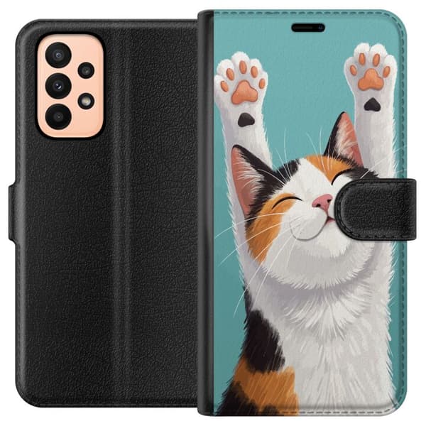 Kompatibelt Plånboksfodral till Samsung Galaxy A23 Glad trefärgad katt