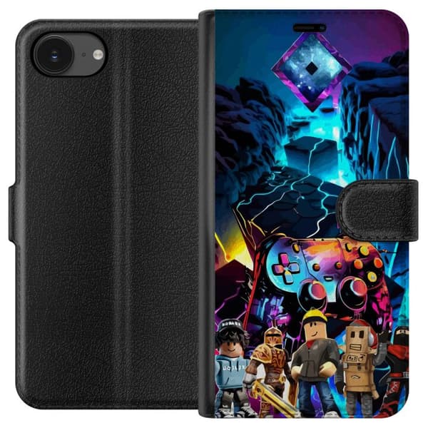 Kompatibel Tegnebogsetui til Apple iPhone 17e Roblox spilkarakterer foran neonfarvet spilcontroller