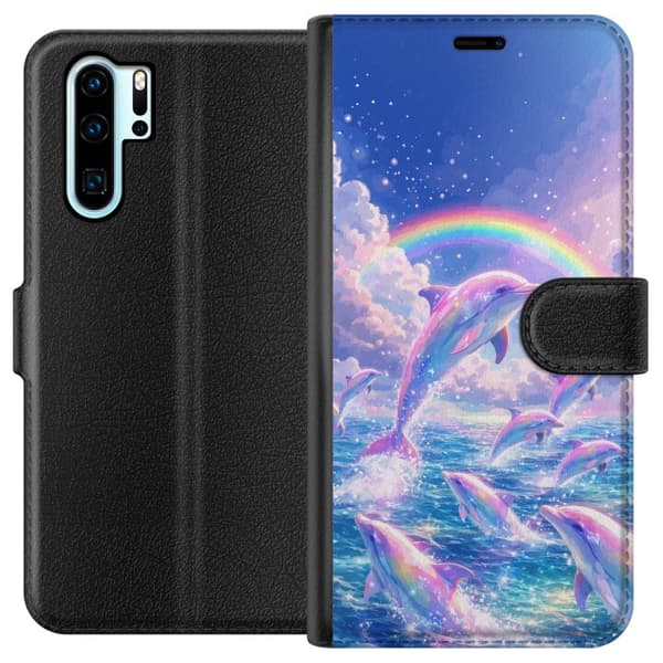 Kompatibelt Plånboksfodral till Huawei P30 Pro Glittrande regnbågsdelfiner