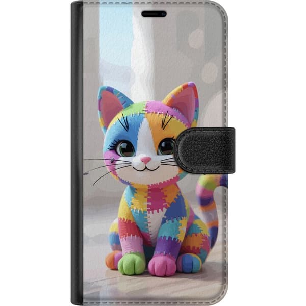 Kompatibel Tegnebogsetui til Apple iPhone 14 Pro Sød farverig kat i patchworkstil med store øjne