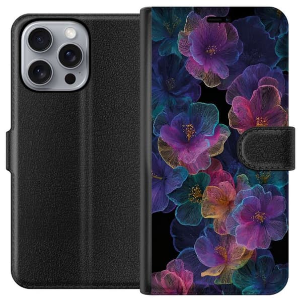 Kompatibel Tegnebogsetui til Apple iPhone 16 Pro Max Elegant blomstermønster med mørk baggrund