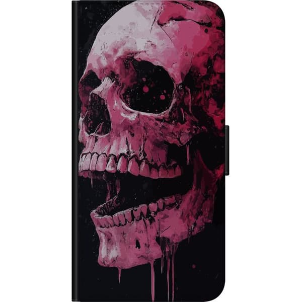 Kompatibel Tegnebogsetui til Nokia 5.4 Lyserødt kunstnerisk kranium med løbende maling mod sort baggrund