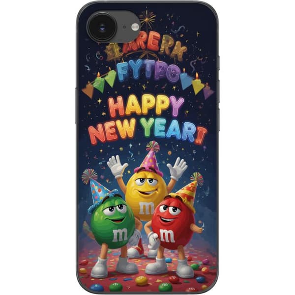 Kompatibelt Mobildeksel til Apple iPhone 16e Gledelig nyttårdesign med M&M's og feststemning
