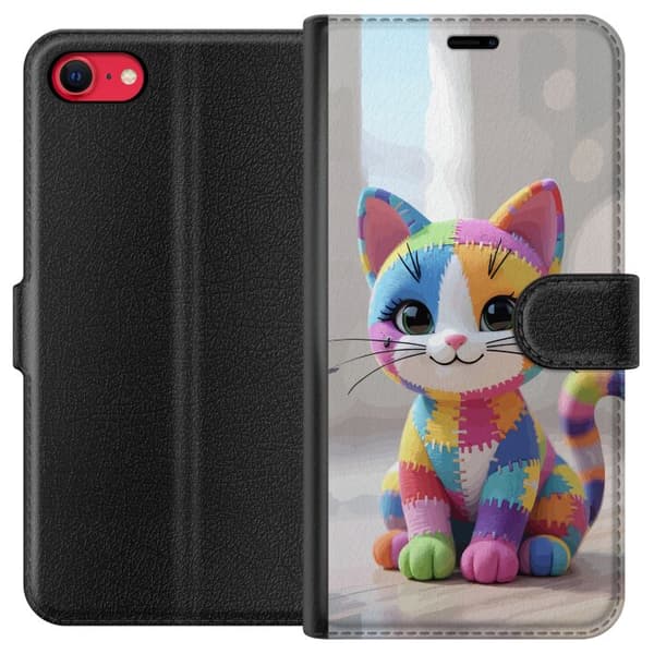 Kompatibel Tegnebogsetui til Apple iPhone SE (2022) Sød farverig kat i patchworkstil med store øjne