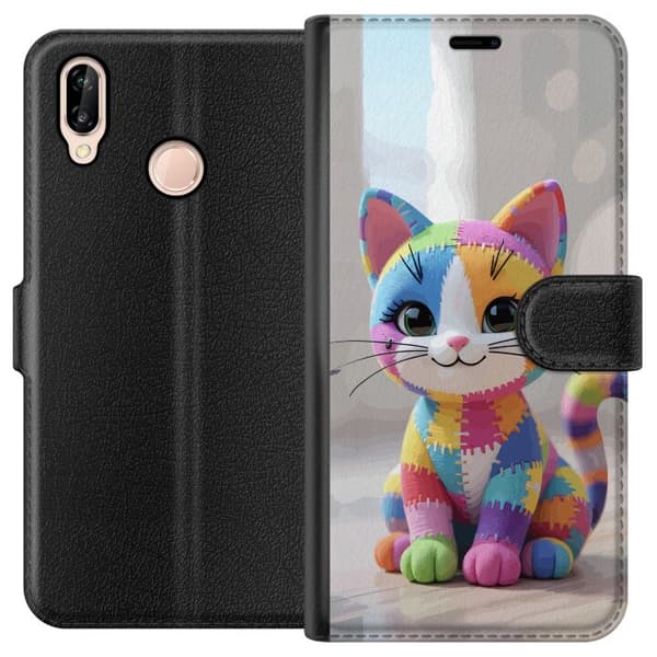 Kompatibel Tegnebogsetui til Huawei P20 lite Sød farverig kat i patchworkstil med store øjne