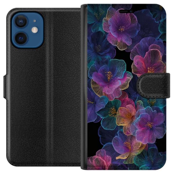 Kompatibel Tegnebogsetui til Apple iPhone 12 mini Elegant blomstermønster med mørk baggrund