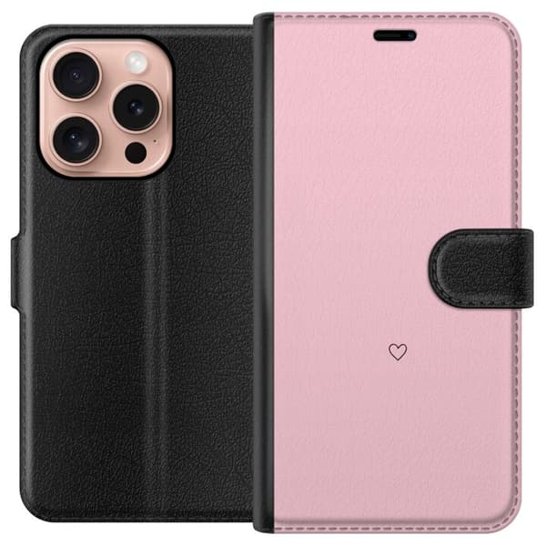 Kompatibel Tegnebogsetui til Apple iPhone 16 Pro Minimalistisk sort hjerte i kontur mod ensfarvet lyserød baggrund