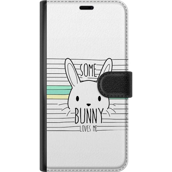 Kompatibel Tegnebogsetui til Google Pixel 7a Sort-hvid kaninillustration med teksten Some Bunny Loves Me og diskrete pastelfarvede striber