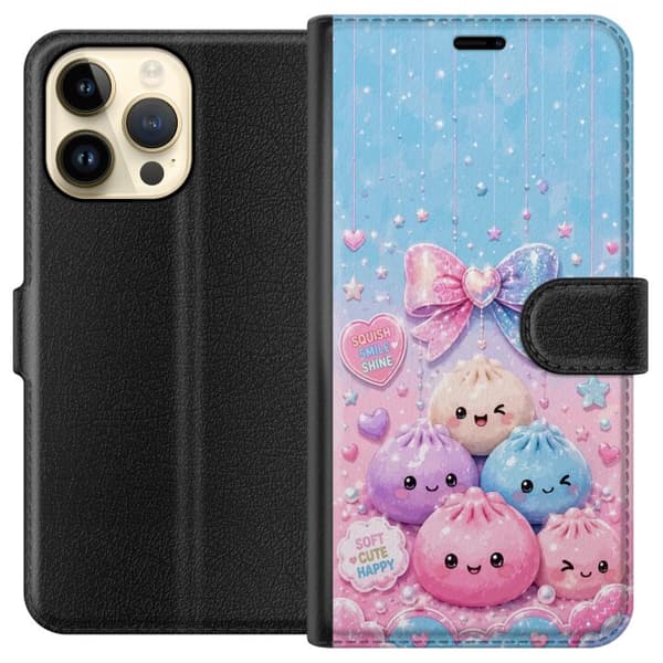 Kompatibel Tegnebogsetui til Apple iPhone 14 Pro Max Glitrende dumplingfigurer med smilende ansigter, sløjfe, hjerter og stjerner i lyserøde pastelfa