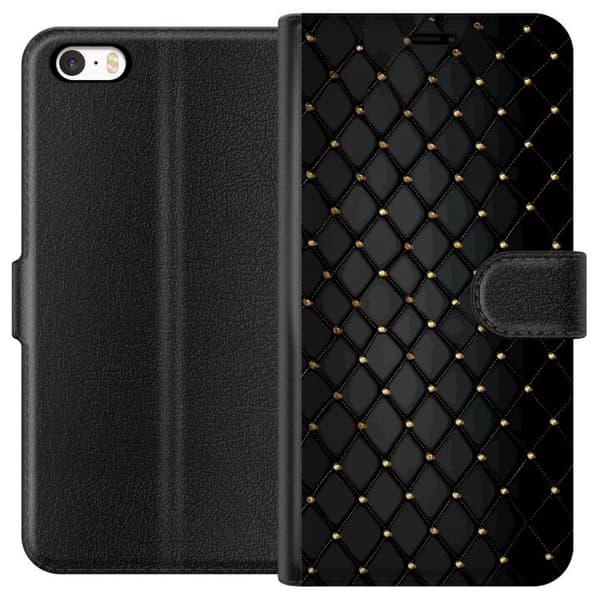 Kompatibel Tegnebogsetui til Apple iPhone SE (2016) Elegant sort diamantmønster med guldfarvede linjer og detaljer