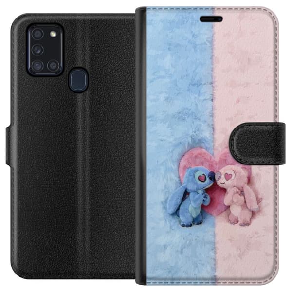 Kompatibel Tegnebogsetui til Samsung Galaxy A21s Søde blå og lyserøde figurer foran et stort lyserødt hjerte