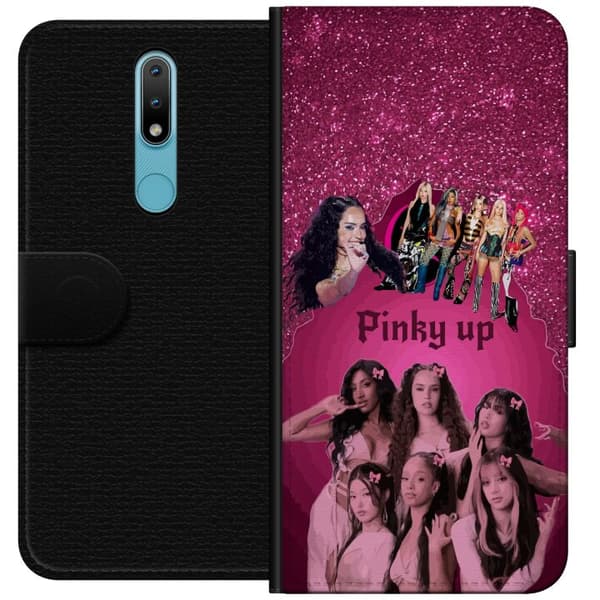 Kompatibel Tegnebogsetui til Nokia 2.4 Rosa KATSEYE-collage med glitrende detaljer, rosetter og typografiske elementer
