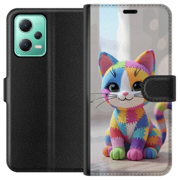 Kompatibel Tegnebogsetui til Xiaomi Redmi Note 12 Sød farverig kat i patchworkstil med store øjne