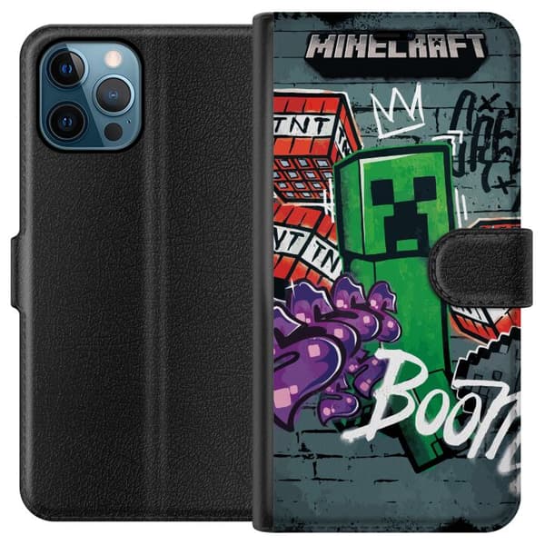 Kompatibel Tegnebogsetui til Apple iPhone 12 Pro Max Grønt spilmotiv med blokfigur, dynamit og grafiske graffitidetaljer