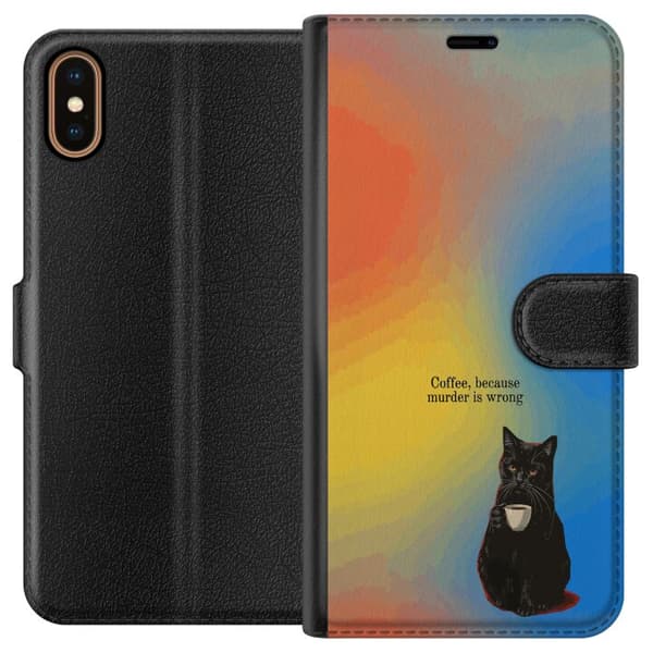 Kompatibel Tegnebogsetui til Apple iPhone X Humoristisk motiv med sort kat, kaffe og teksten Coffee Because Murder Is Wrong