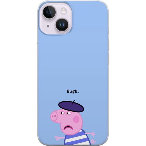 Kompatibelt Mobildeksel til Apple iPhone 15 Peppa Pig med beret og teksten Eugh på lyseblå bakgrunn