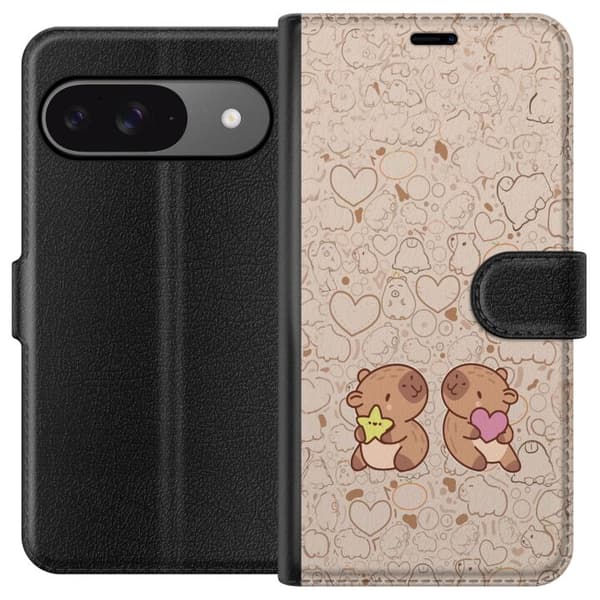 Kompatibel Tegnebogsetui til Google Pixel 9 Søde kapibarer med hjerte og stjerne i kawaii-stil