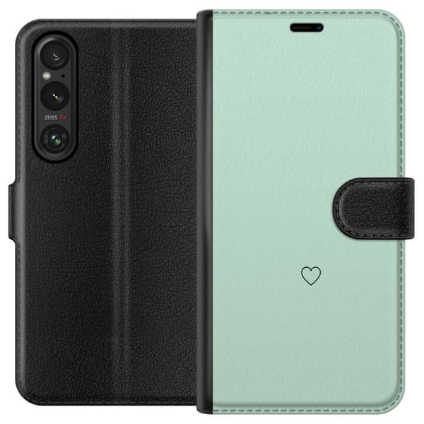 Kompatibel Tegnebogsetui til Sony Xperia 1 VI Enkel sort hjertekontur centreret mod mintgrøn baggrund