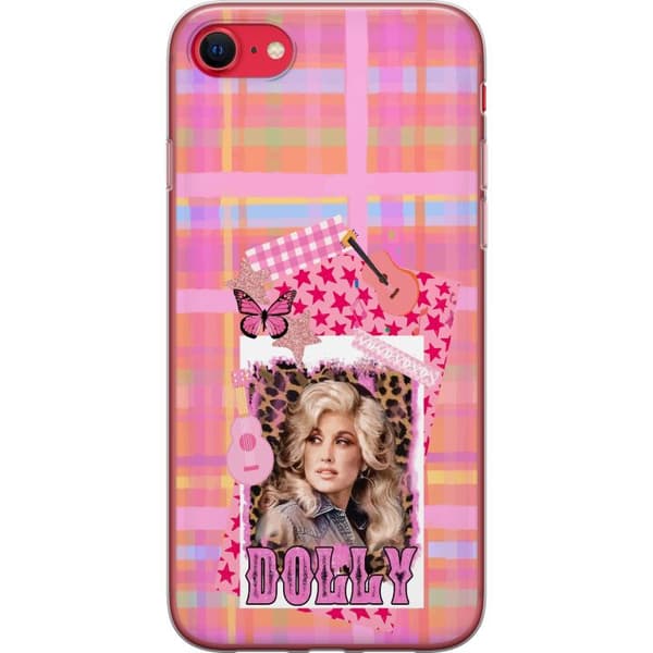 Kompatibelt Mobildeksel til Apple iPhone 8 Dolly Parton-portrett i rosa collage med gitarer, sommerfugl, stjerner og leopardmønster