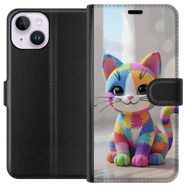 Kompatibel Tegnebogsetui til Apple iPhone 14 Sød farverig kat i patchworkstil med store øjne