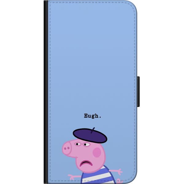 Kompatibel Tegnebogsetui til Xiaomi Redmi Note 10S Peppa Pig med basker og teksten Eugh på lyseblå baggrund