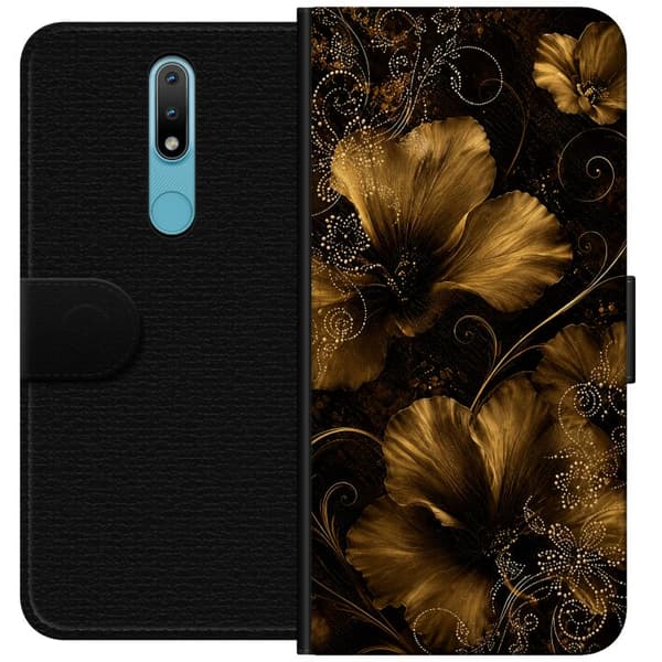 Kompatibelt Lommeboketui til Nokia 2.4 Gyllen blomstring