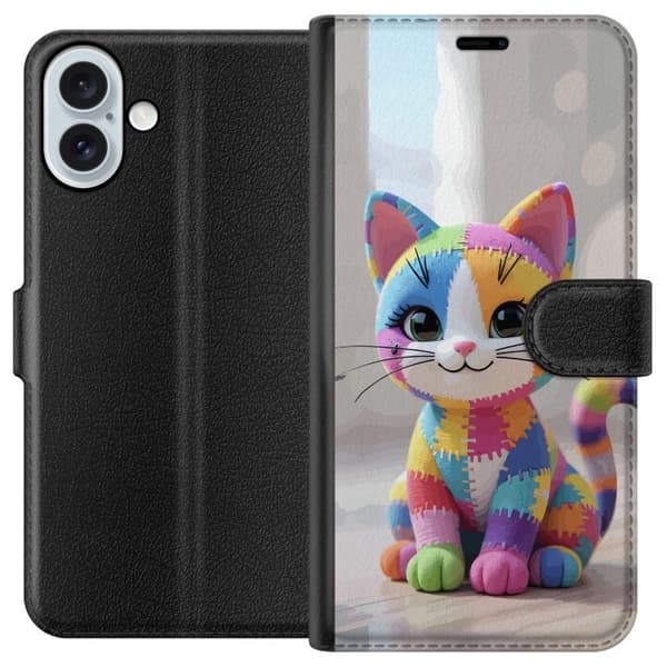 Kompatibel Tegnebogsetui til Apple iPhone 16 Plus Sød farverig kat i patchworkstil med store øjne