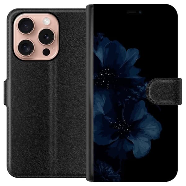 Kompatibelt Plånboksfodral till Apple iPhone 16 Pro Mörkblå blommor