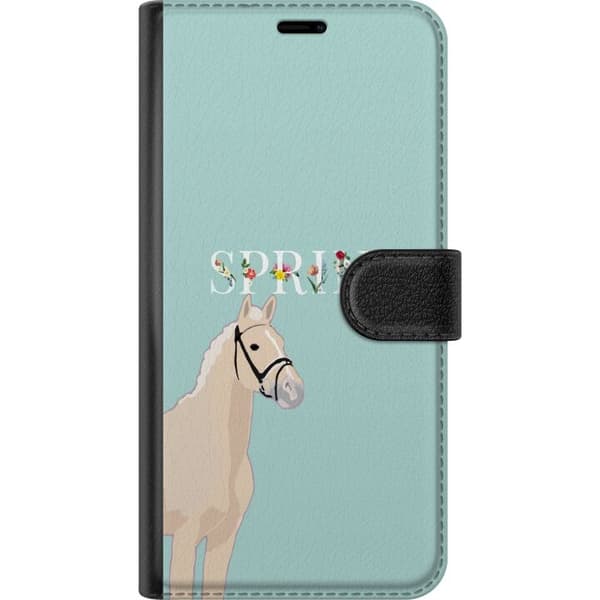 Kompatibel Tegnebogsetui til Google Pixel 7a Lys hest med blomster og teksten „Løb“ mod en mintgrøn baggrund