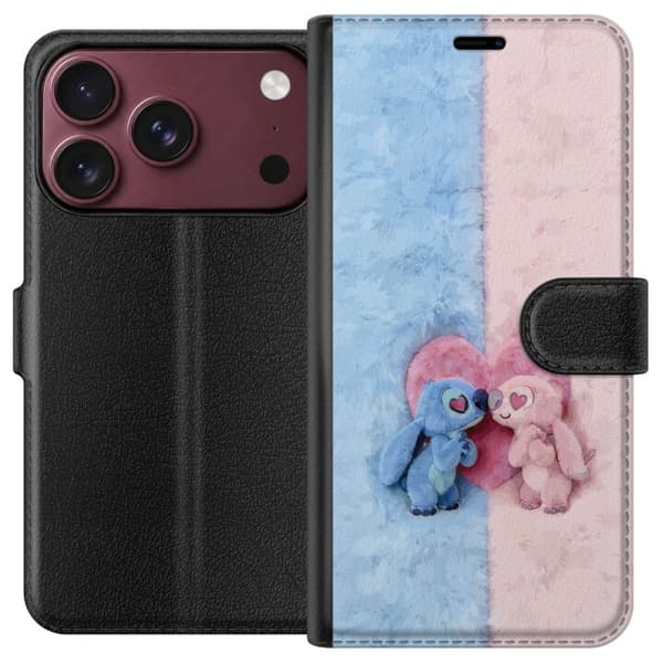 Kompatibel Tegnebogsetui til Apple iPhone 18 Pro Søde blå og lyserøde figurer foran et stort lyserødt hjerte