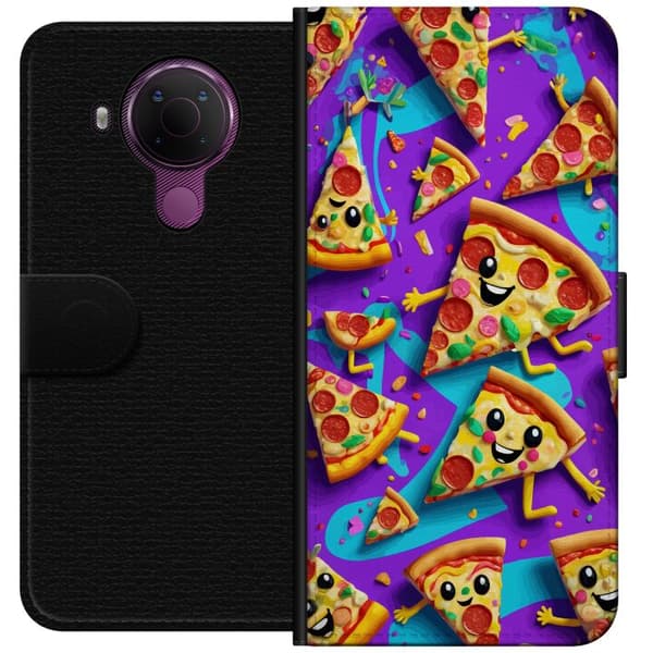 Kompatibelt Lommeboketui til Nokia 5.4 Lekent pizzadesign med tegnede figurer